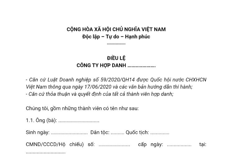 Mẫu Điều lệ công ty hợp danh theo Luật Doanh nghiệp 2020 2 Mẫu Điều lệ công ty hợp danh theo Luật Doanh nghiệp 2020