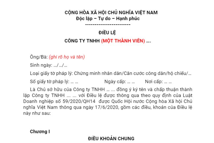 Mẫu Điều lệ công ty TNHH một thành viên 2 Mẫu Điều lệ công ty TNHH một thành viên