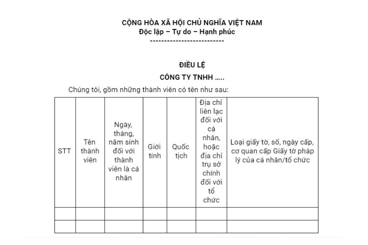 Mẫu Điều lệ công ty TNHH hai thành viên trở lên 2 Mẫu Điều lệ công ty TNHH hai thành viên trở lên
