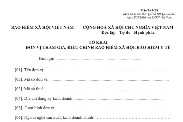 Mẫu TK3-TS Tờ khai đơn vị tham gia, điều chỉnh BHXH, BHYT 2 Mẫu TK3-TS Tờ khai đơn vị tham gia, điều chỉnh BHXH, BHYT