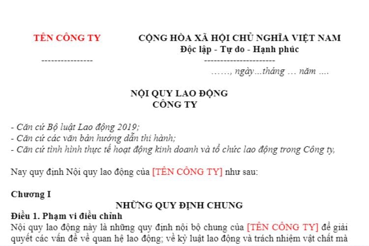Mẫu Nội quy lao động theo Bộ luật Lao động 2019