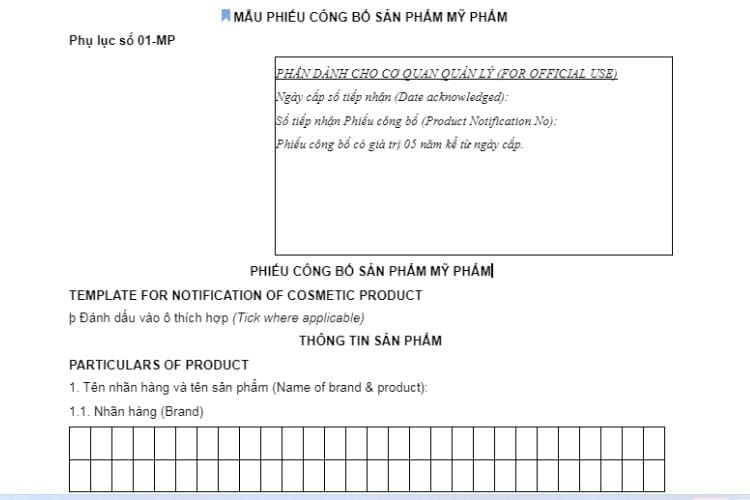 Mẫu phiếu công bố sản phẩm mỹ phẩm (Phụ lục số 01-MP)