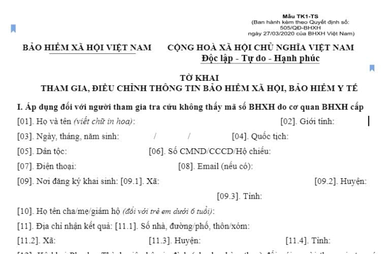 Mẫu TK1-TS: Tờ khai tham gia, điều chỉnh thông tin BHXH, BHYT 2 Mẫu TK1-TS: Tờ khai tham gia, điều chỉnh thông tin BHXH, BHYT
