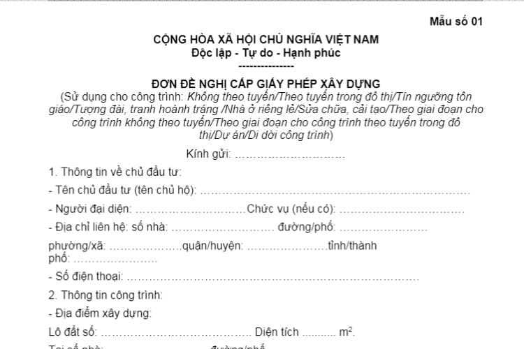 Đơn đề nghị cấp giấy phép xây dựng (Mẫu số 01) 2 Đơn đề nghị cấp giấy phép xây dựng (Mẫu số 01)
