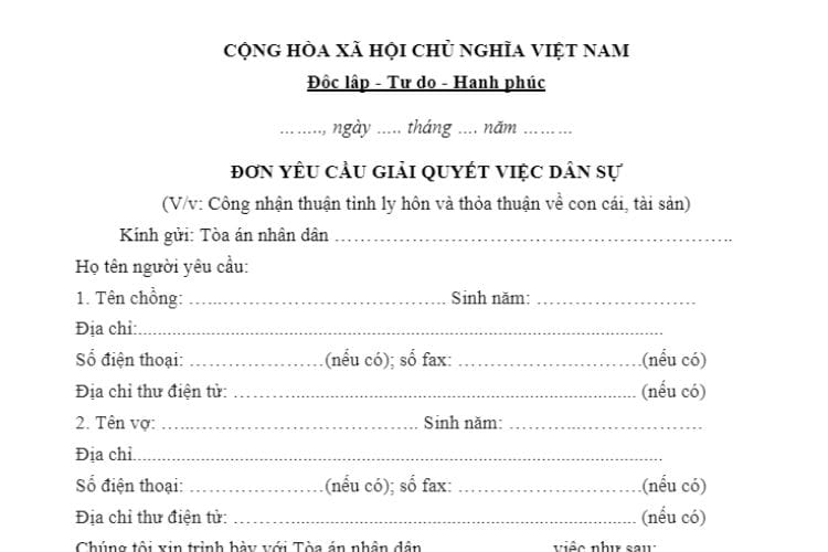 Mẫu Đơn ly hôn thuận tình 2026: Mẫu chuẩn quy định 2 Mẫu đơn thuận tình ly hôn (đơn yêu cầu giải quyết ly hôn)
