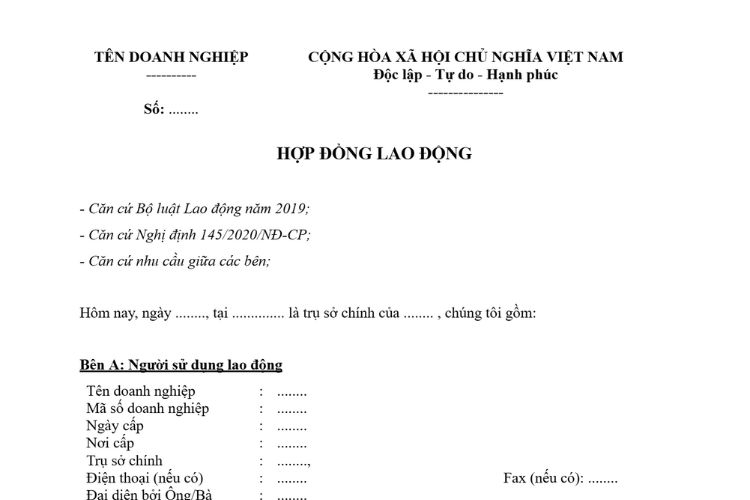 Mẫu Hợp đồng lao động có nội dung thử việc