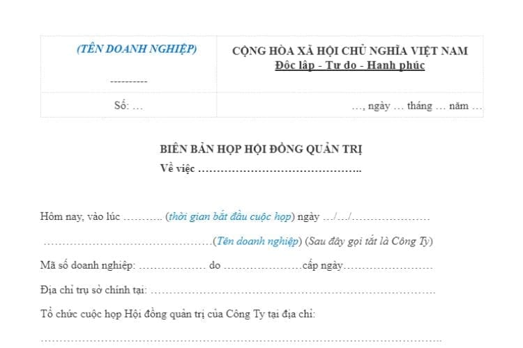 Mẫu Biên bản họp của Hội đồng quản trị công ty cổ phần