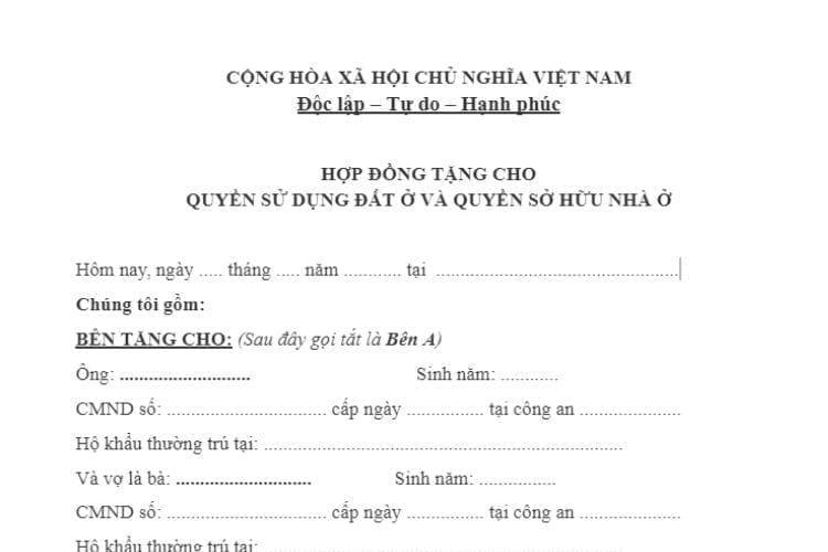 Hợp đồng tặng cho quyền sử dụng đất và quyền sở hữu nhà ở 2 Hợp đồng tặng cho quyền sử dụng đất và quyền sở hữu nhà ở