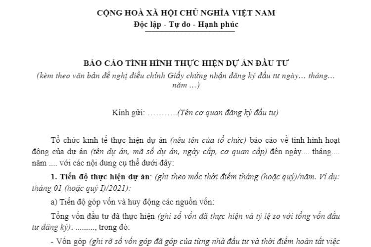 Mẫu A.I.12 | Báo cáo tình hình thực hiện dự án đầu tư