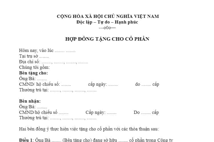 Mẫu Hợp đồng tặng cho cổ phần mới nhất 2 Mẫu Hợp đồng tặng cho cổ phần mới nhất