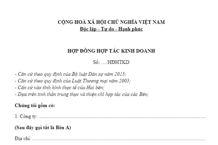 Mẫu hợp đồng hợp tác kinh doanh (Hợp đồng BCC)