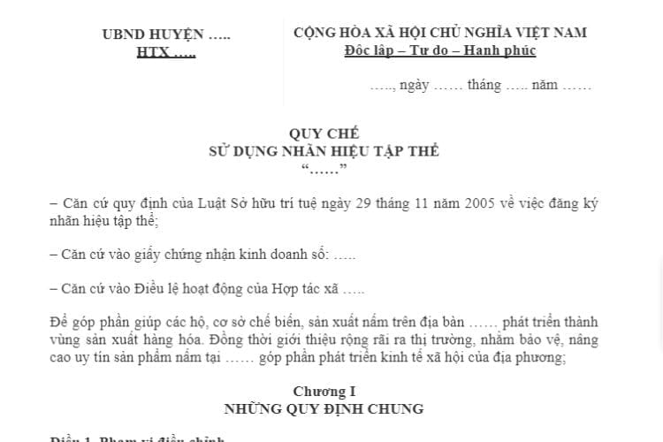 Mẫu Quy chế sử dụng nhãn hiệu tập thể