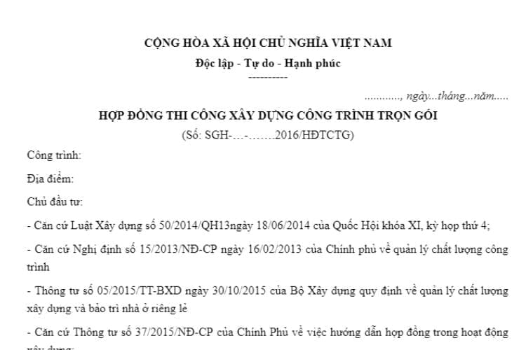 Hợp đồng thi công xây dựng công trình trọn gói 2 Hợp đồng thi công xây dựng công trình trọn gói