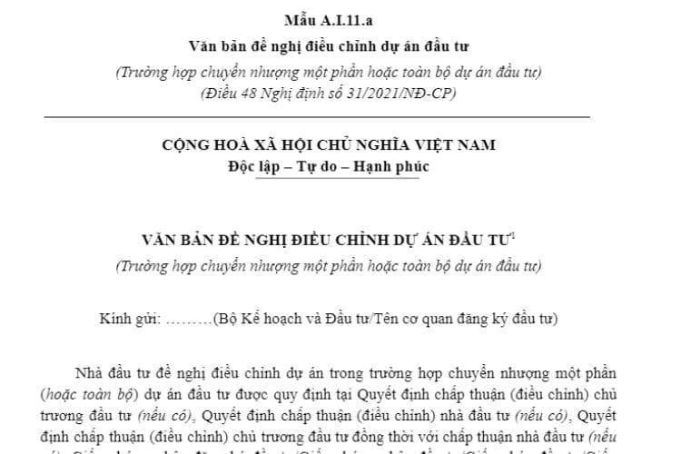 Mẫu A.I.11.a | Văn bản đề nghị điều chỉnh dự án đầu tư