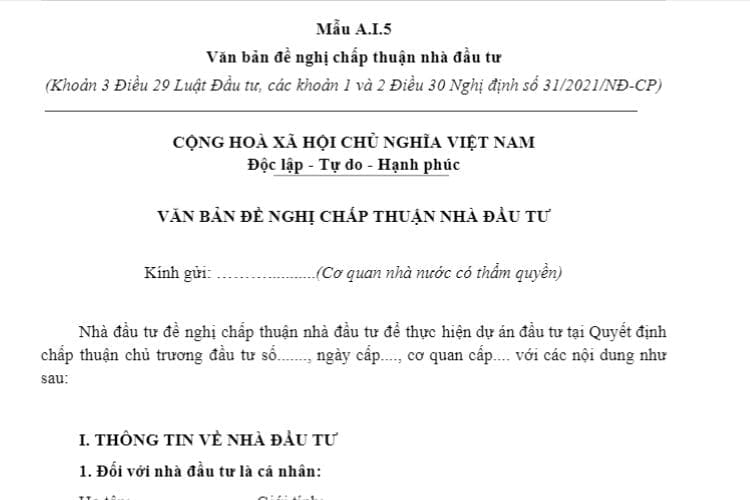 Mẫu A.I.5 | Văn bản đề nghị chấp thuận nhà đầu tư 2 Mẫu A.I.5 | Văn bản đề nghị chấp thuận nhà đầu tư