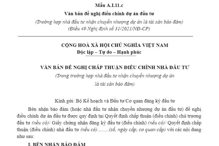 Mẫu A.I.11.c | Văn bản đề nghị điều chỉnh dự án đầu tư 2 Mẫu A.I.11.c | Văn bản đề nghị điều chỉnh dự án đầu tư