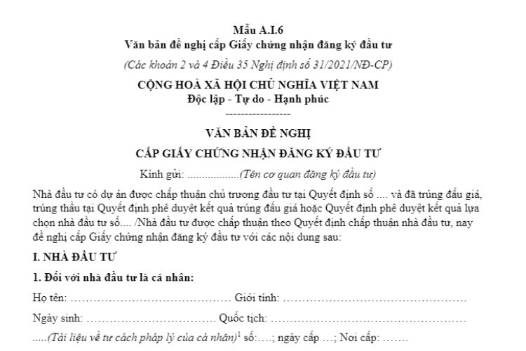 Mẫu A.I.6 | Văn bản đề nghị cấp Giấy chứng nhận đăng ký đầu tư 2 Mẫu A.I.6 | Văn bản đề nghị cấp Giấy chứng nhận đăng ký đầu tư