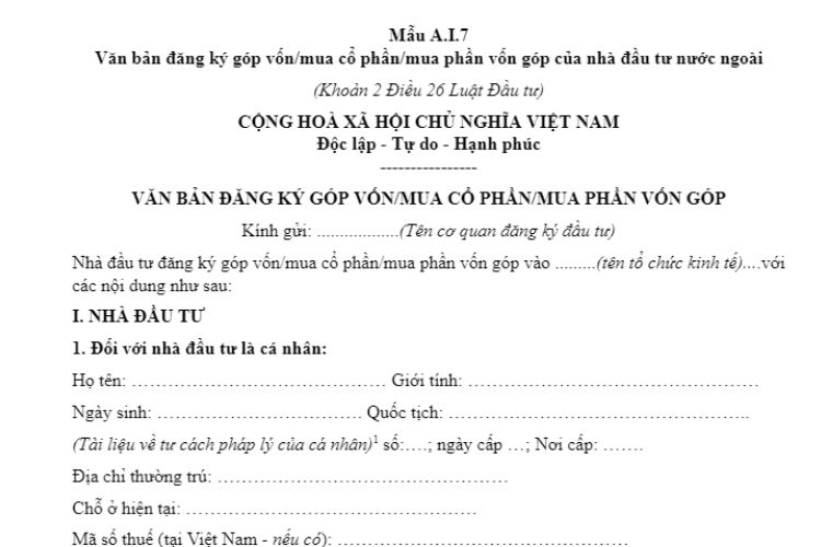 Mẫu A.I.7 | Văn bản đăng ký góp vốn/mua cổ phần/mua phần vốn góp 2 Mẫu A.I.7 | Văn bản đăng ký góp vốn/mua cổ phần/mua phần vốn góp