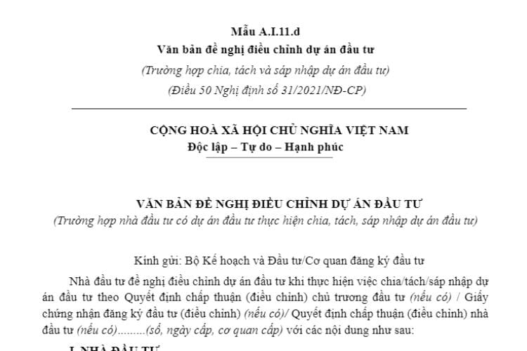 Mẫu A.I.11.d | Văn bản đề nghị điều chỉnh dự án đầu tư 2 Mẫu A.I.11.d | Văn bản đề nghị điều chỉnh dự án đầu tư