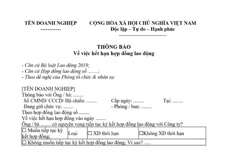 Mẫu Thông báo hợp đồng lao động hết hạn 2 Mẫu Thông báo hợp đồng lao động hết hạn