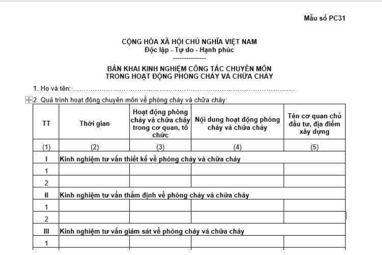 Bản khai kinh nghiệm công tác chuyên môn trong hoạt động PCCC