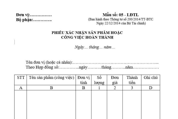 Mẫu 05-LĐTL | Phiếu xác nhận sản phẩm hoặc công việc hoàn thành