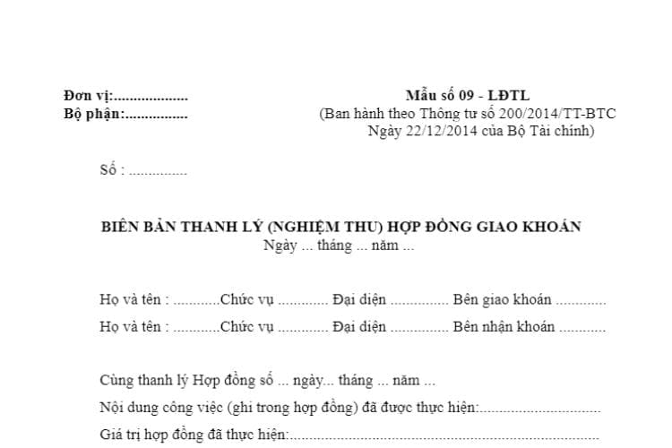 Mẫu 09-LĐTL | Biên bản thanh lý (nghiệm thu) hợp đồng giao khoán