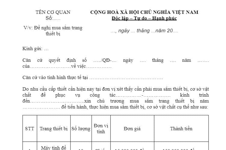 Mẫu Công văn đề nghị mua sắm trang thiết bị 2 Mẫu công văn đề nghị mua sắm trang thiết bị