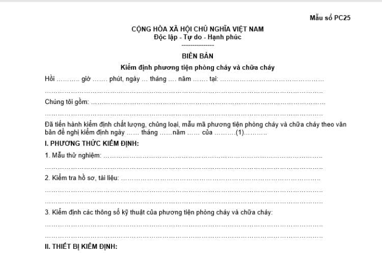 Mẫu PC25 | Biên bản kiểm định phương tiện phòng cháy và chữa cháy