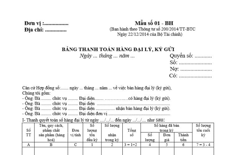Mẫu số 01-BH | Bảng thanh toán hàng đại lý, ký gửi