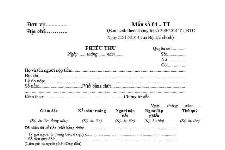 Mẫu số 01-TT | Mẫu phiếu thu theo thông tư 200