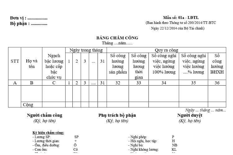 Mẫu số 01a-LĐTL | Mẫu bảng chấm công theo Thông tư 200