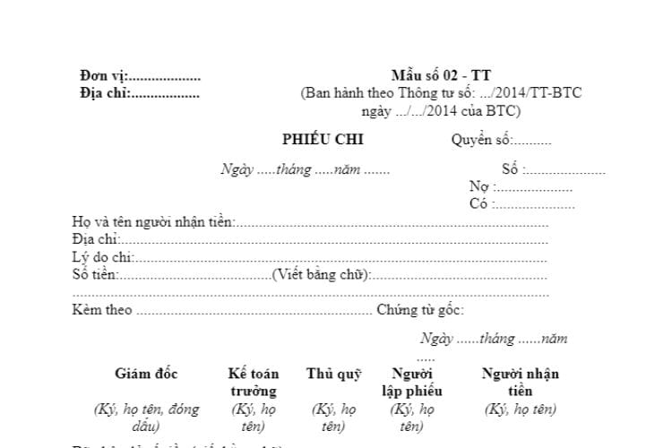 Mẫu số 02-TT | Mẫu phiếu chi theo Thông tư 200 2 Mẫu số 02-TT | Mẫu phiếu chi theo thông tư 200