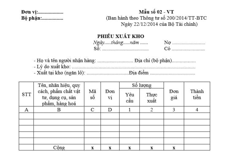 Mẫu số 02-VT | Mẫu Phiếu xuất kho theo Thông tư 200 2 Mẫu số 02-VT | Mẫu phiếu xuất kho theo thông tư 200