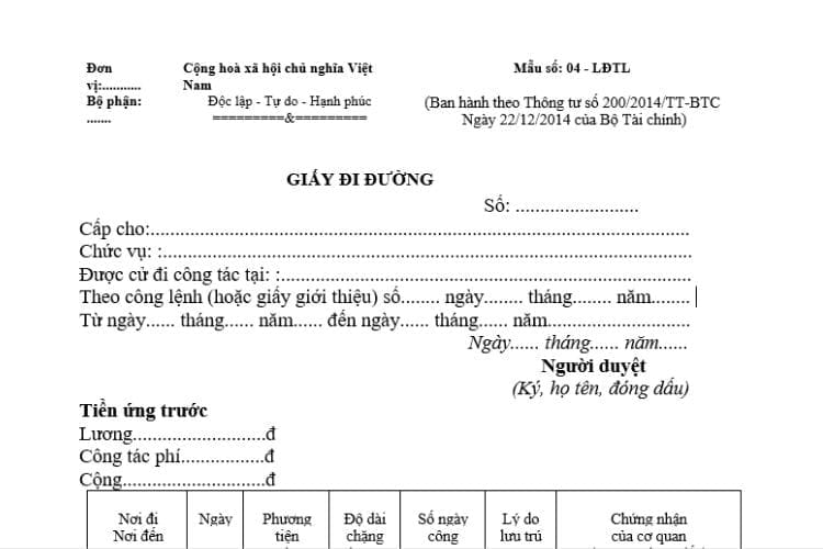 Mẫu số 04-LĐTL | Mẫu giấy đi đường Theo thông tư 200 2 Mẫu số 04-LĐTL | Mẫu giấy đi đường Theo thông tư 200