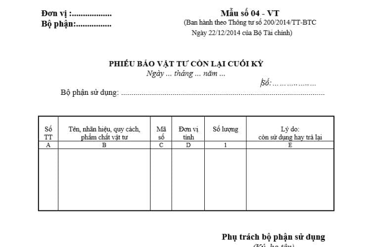 Mẫu số 04-VT | Phiếu báo vật tư còn lại cuối kỳ