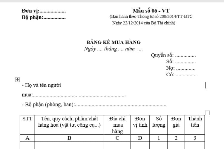 Mẫu số 06-VT | Bảng kê mua hàng theo Thông tư 200 2 Mẫu số 06-VT | Bảng kê mua hàng theo Thông tư 200