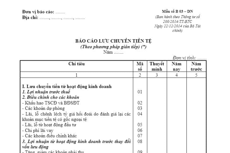 Mẫu số B 03 - DN | Báo cáo lưu chuyển tiền tệ (gián tiếp) 2 Mẫu số B 03 - DN | Báo cáo lưu chuyển tiền tệ (gián tiếp)