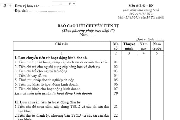 Mẫu số B 03 – DN | Báo cáo lưu chuyển tiền tệ (trực tiếp) 2 Mẫu số B 03 – DN | Báo cáo lưu chuyển tiền tệ (trực tiếp)