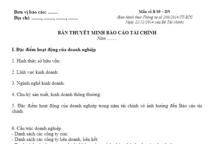 Mẫu B 09 - DN | Bản thuyết minh Báo cáo tài chính năm 2 Mẫu B09–DN | Bản thuyết minh Báo cáo tài chính năm theo TT200