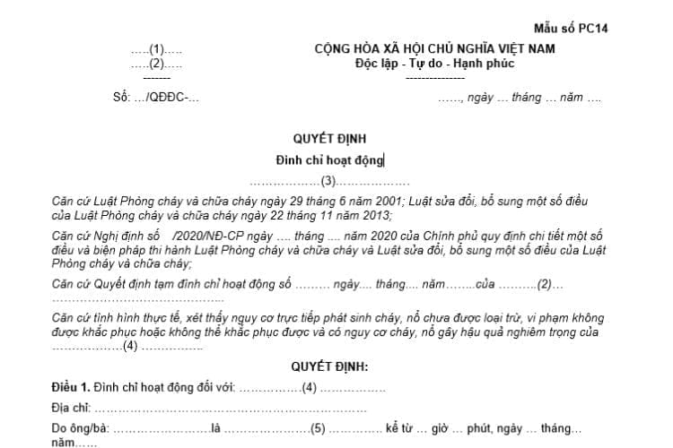 Mẫu số PC14 | Quyết định đình chỉ hoạt động về PCCC 2 Mẫu số PC14 | Quyết định đình chỉ hoạt động về PCCC