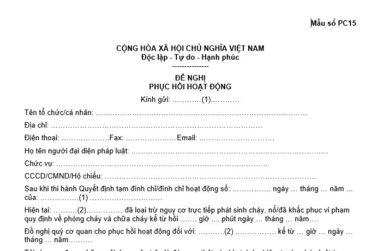 Mẫu số PC15 | Văn bản đề nghị phục hồi hoạt động về PCCC 2 Mẫu số PC15 | Văn bản đề nghị phục hồi hoạt động về PCCC