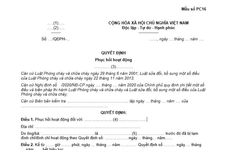 Mẫu số PC16 | Quyết định phục hồi hoạt động về PCCC 2 Mẫu số PC16 | Quyết định phục hồi hoạt động về PCCC