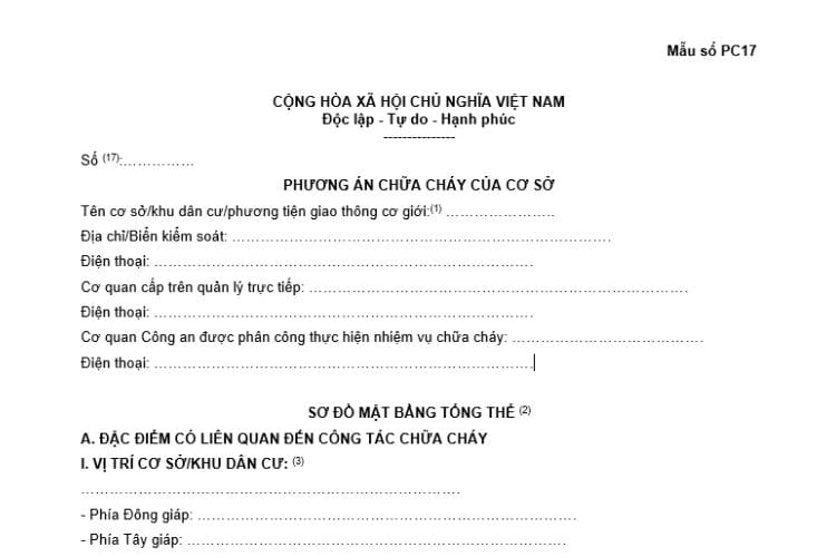 Mẫu số PC17 | Phương án chữa cháy của cơ sở 2 Mẫu số PC17 | Phương án chữa cháy của cơ sở