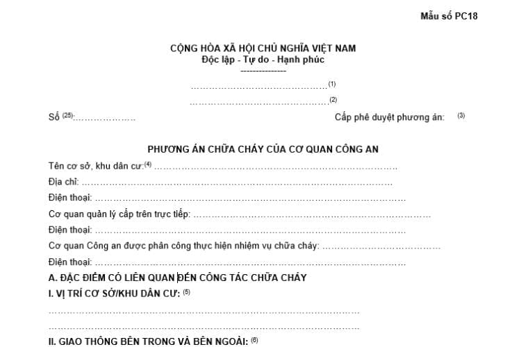 Mẫu số PC18 | Phương án chữa cháy của cơ quan Công an