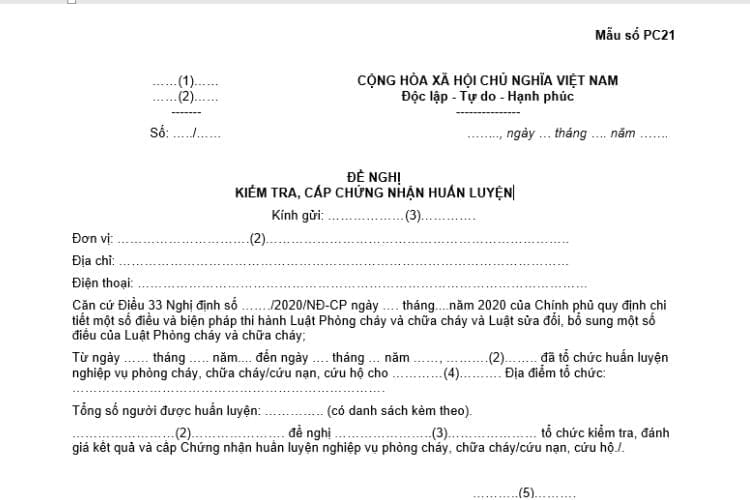 Mẫu số PC21 | Văn bản đề nghị kiểm tra, cấp chứng nhận huấn luyện 2 Mẫu số PC21 | Văn bản đề nghị kiểm tra, cấp chứng nhận huấn luyện