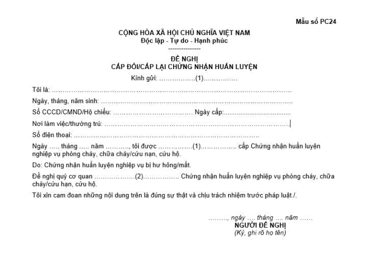 Mẫu số PC24 | Văn bản đề nghị cấp đổi/cấp lại chứng nhận huấn luyện 2 Mẫu số PC24 | Văn bản đề nghị cấp đổi/cấp lại chứng nhận huấn luyện