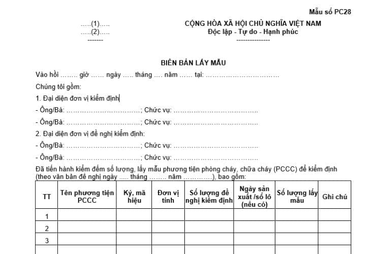 Mẫu số PC28 | Biên bản lấy mẫu phương tiện kiểm định 2 Mẫu số PC28 | Biên bản lấy mẫu phương tiện kiểm định
