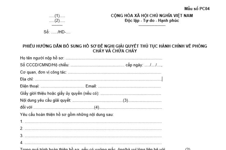 Phiếu hướng dẫn bổ sung hồ sơ đề nghị giải quyết thủ tục hành chính PCCC 2 Phiếu hướng dẫn bổ sung hồ sơ đề nghị giải quyết thủ tục hành chính PCCC