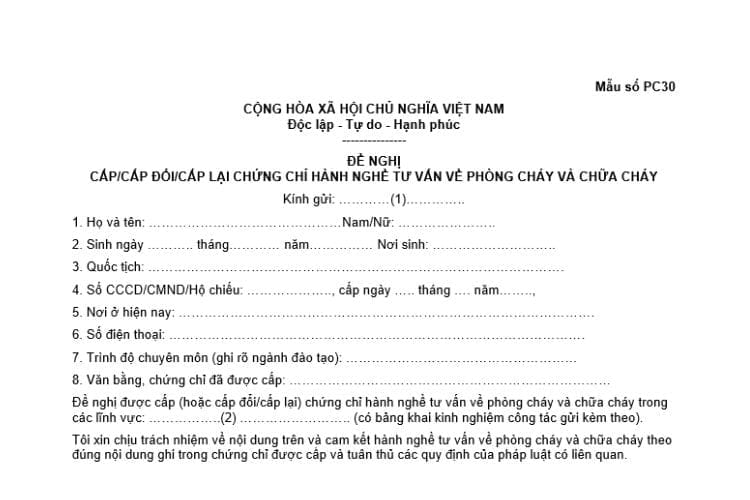 Văn bản đề nghị cấp/cấp đổi/cấp lại Chứng chỉ hành nghề tư vấn PCCC 2 Văn bản đề nghị cấp/cấp đổi/cấp lại Chứng chỉ hành nghề tư vấn PCCC
